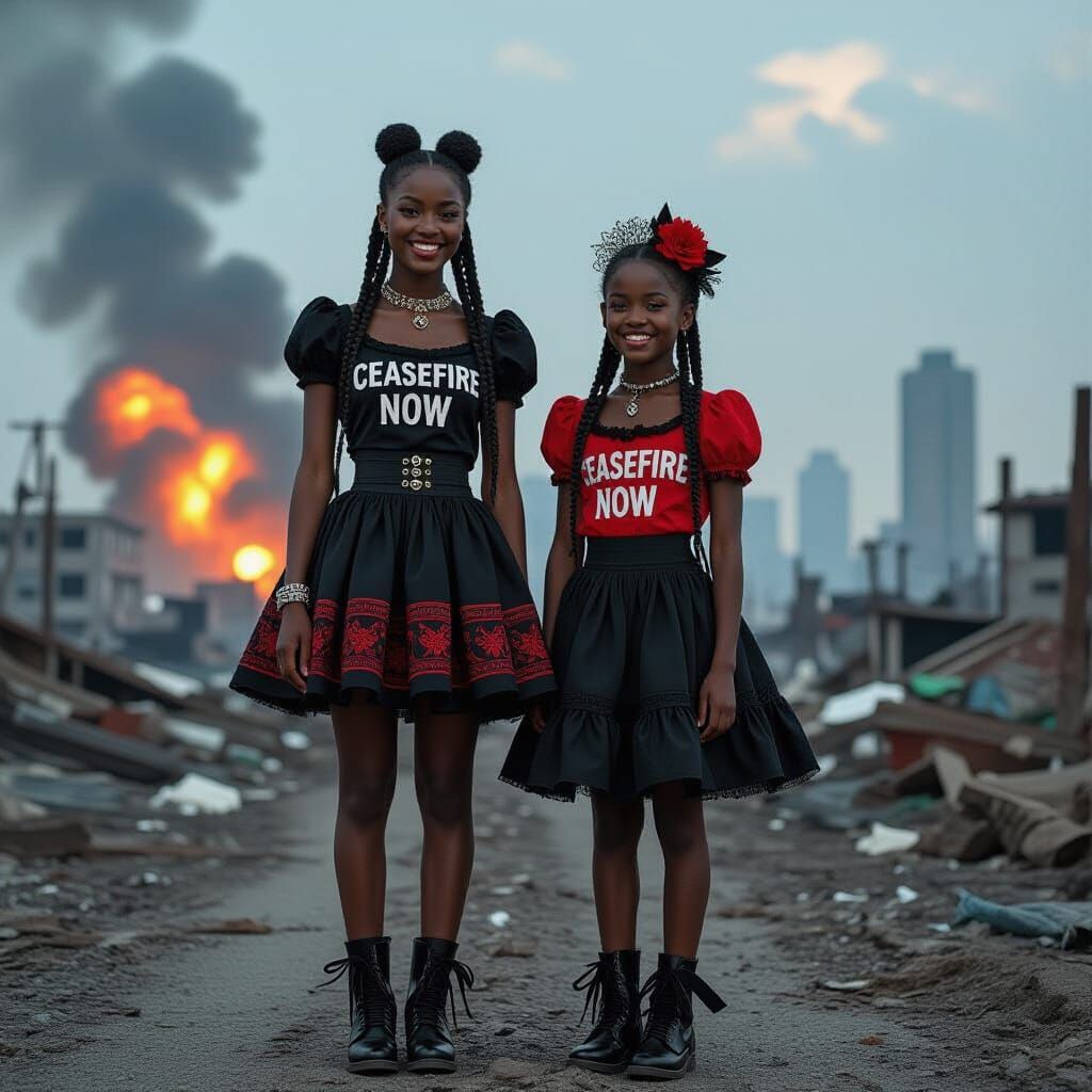 Gothic Twins in War-Torn City, Photo Realistic Style
