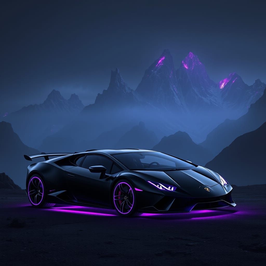 Sleek Cyberpunk Lamborghini Revuelto in Neon-Lit Mountain Ra...