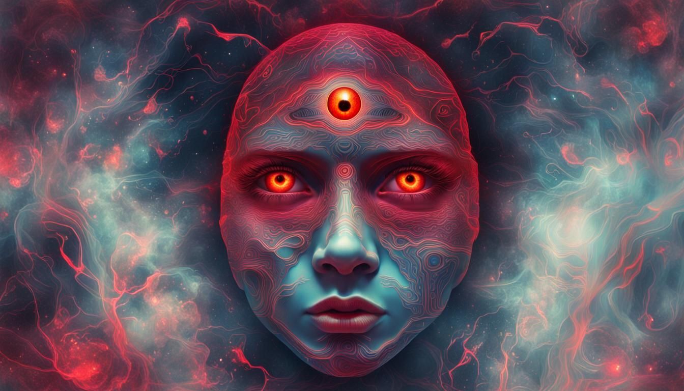 Red Eyes Glimmering in Fog: Cosmic Astral Illustration