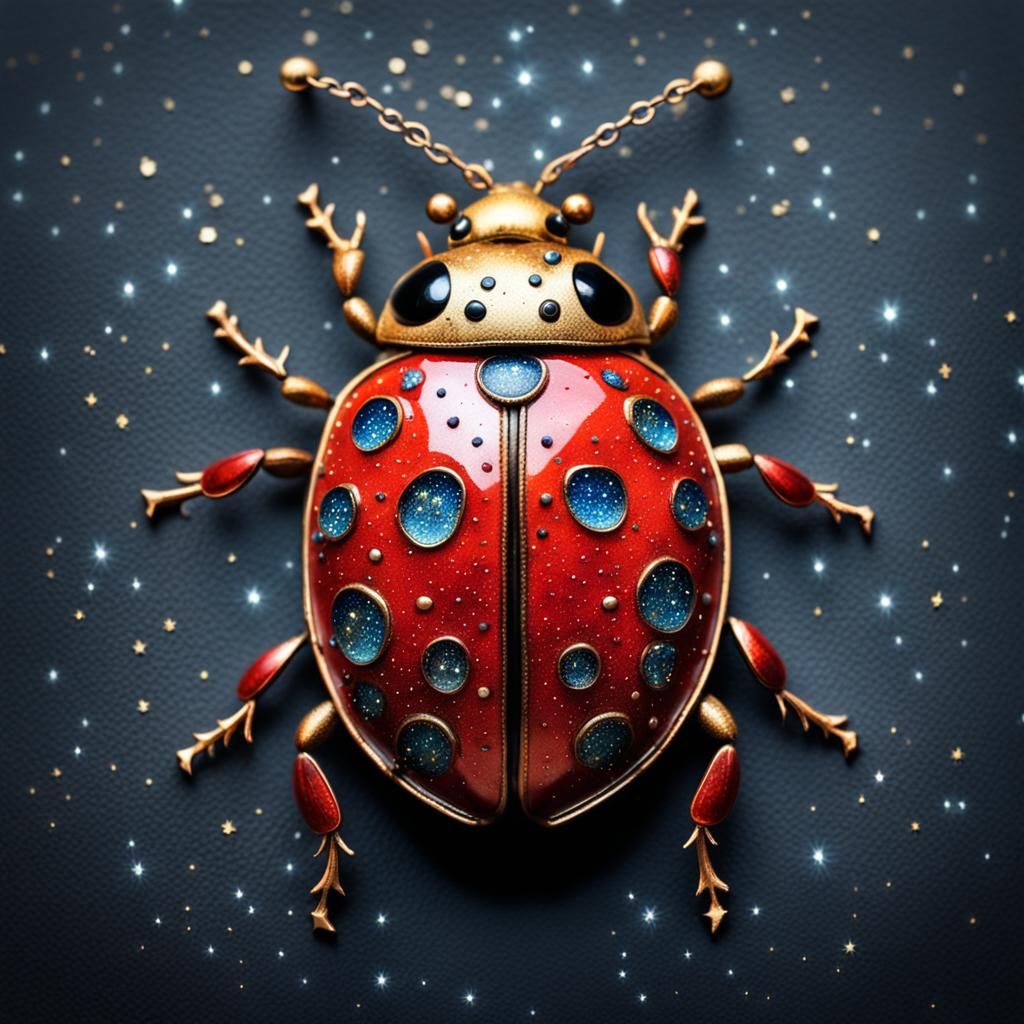 Steampunk Enamel Ladybug with Hanging Stars