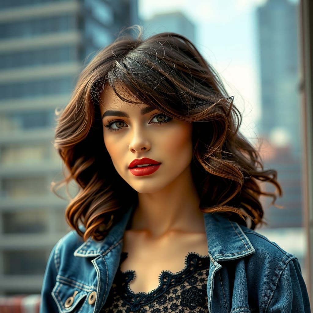 Young Woman with Voluminous Hair in Cityscape