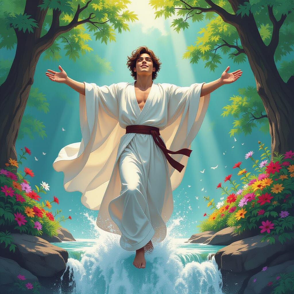 Triumphant Man at Waterfall's Edge in Mixed Art Styles