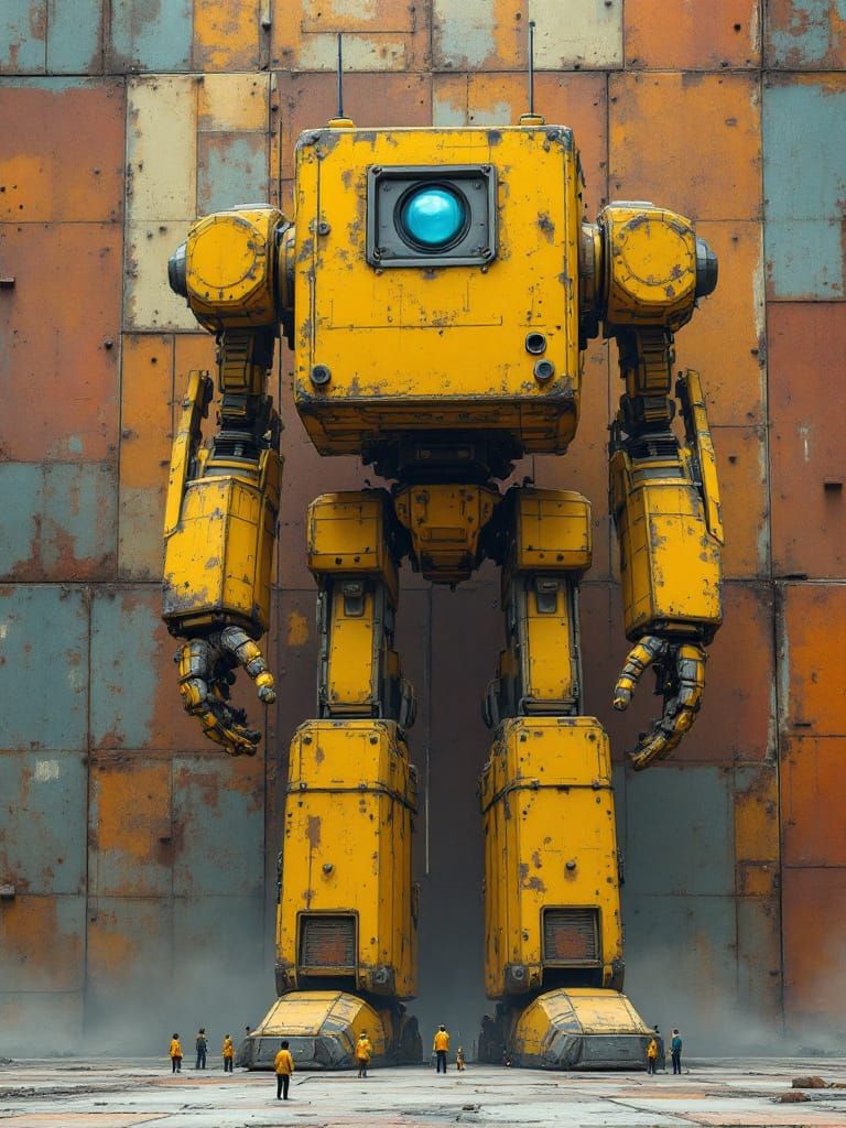 Colossal Robot with Blocky Design in Worn Yellow