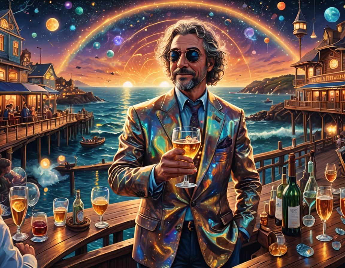 Cosmic Pier Scene in Astral Holographic Illustration