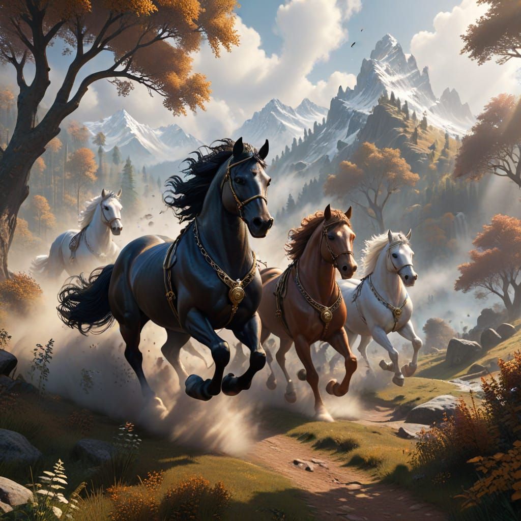 Ethereal Steampunk Horses and Gepard in Indian Mountains