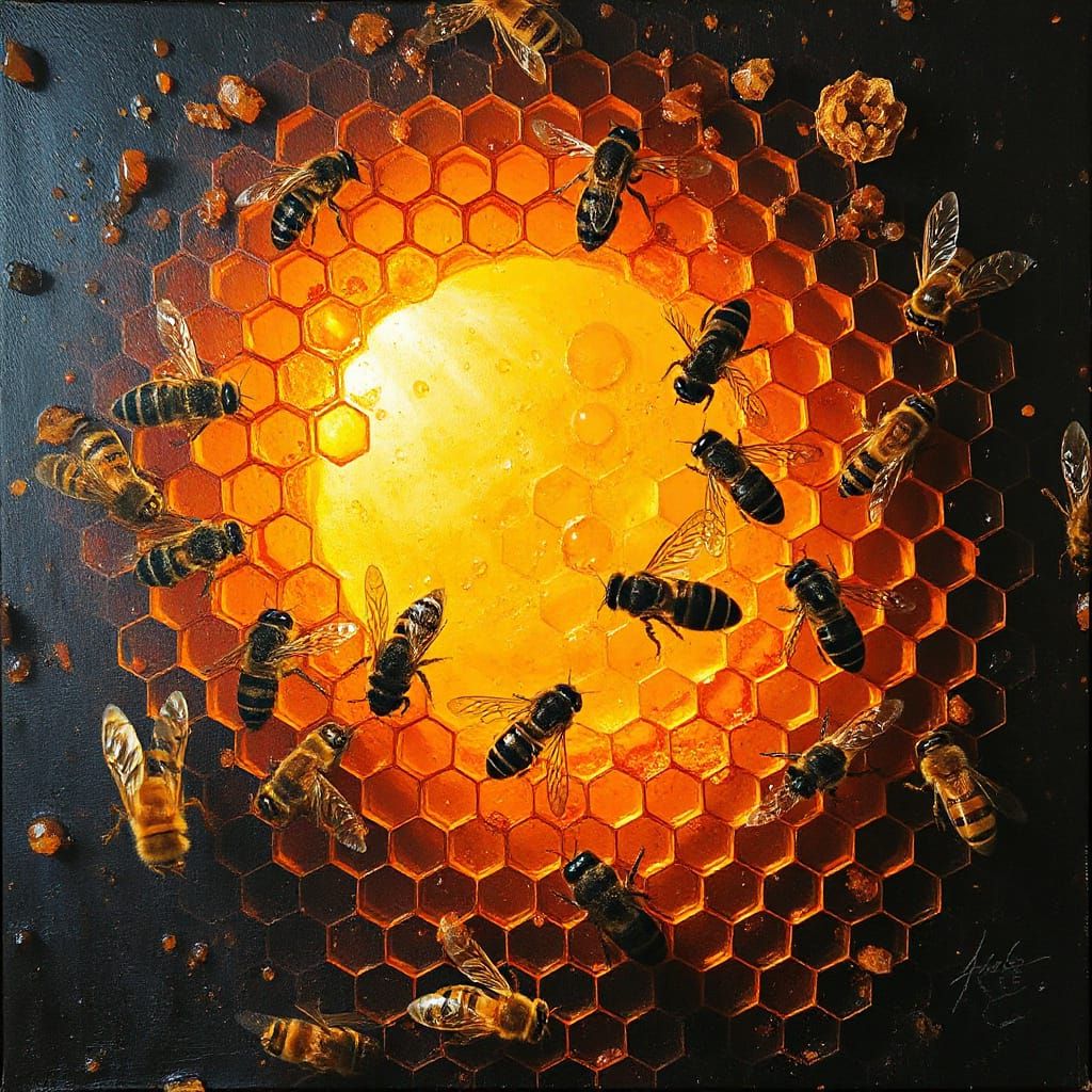 Hyperrealistic Honeycomb Bee Hive in Dramatic Airbrush Style