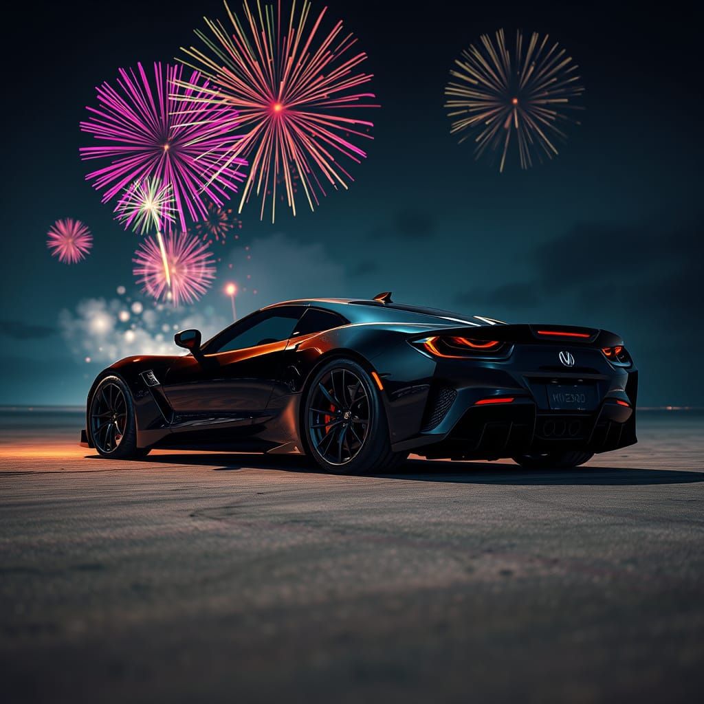 Hyperrealistic Sports Car at Night with Fireworks