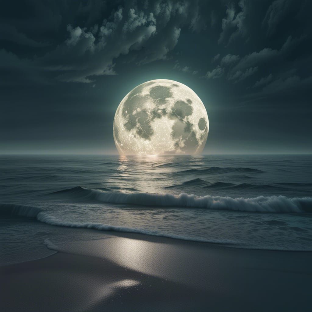 Giant Glowing Moon on Ocean Beach