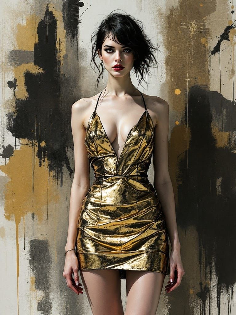 2030s Swedish Pin-Up in Metallic Gold Sundress