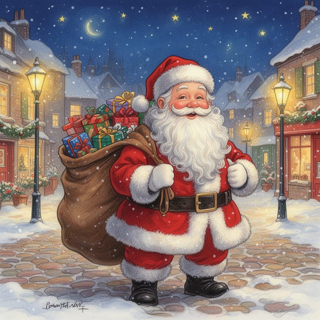 Jovial Santa Claus in Snowy Village Square