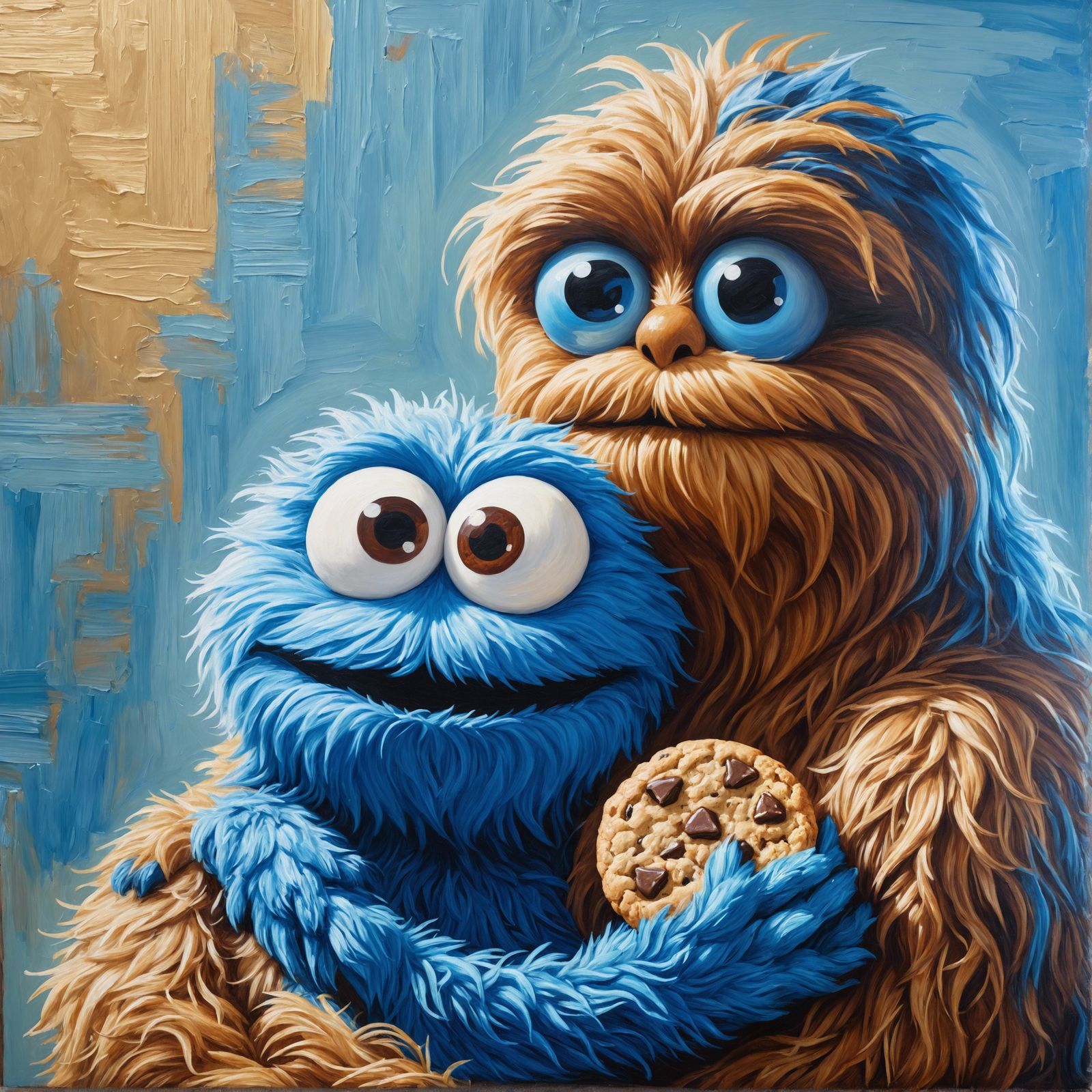 Whimsical Oil Painting: Monster Hugs Furry Friend