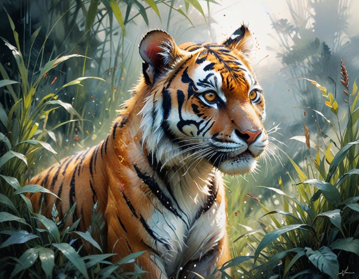 Tiger Cub in Jungle: Neo-Impressionist Oil Painting