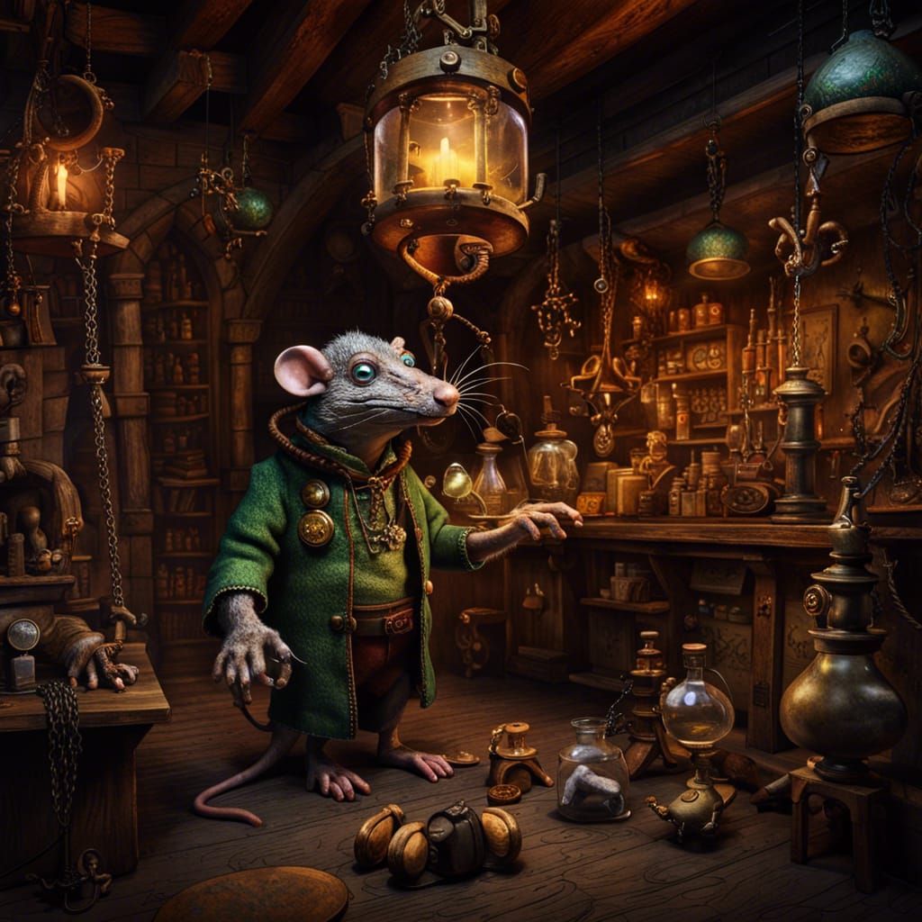 Rat Fink as Medieval Alchemist, Detailed Matte Painting