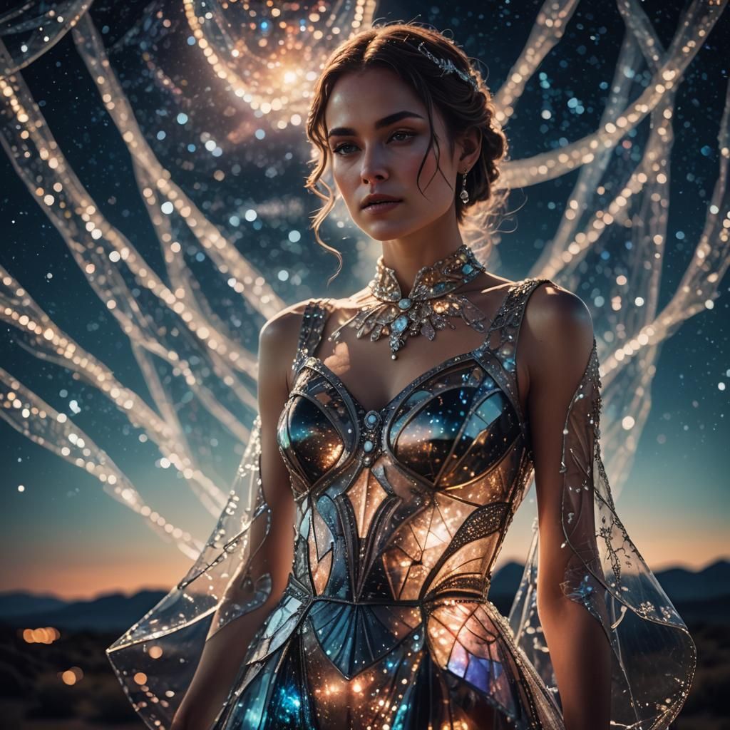 Woman in Transparent Glass Dress Against Night Sky