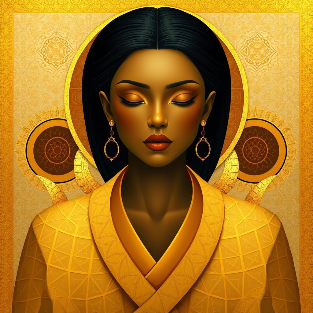 Regal Woman Radiates Balance and Warmth in Golden Harmony