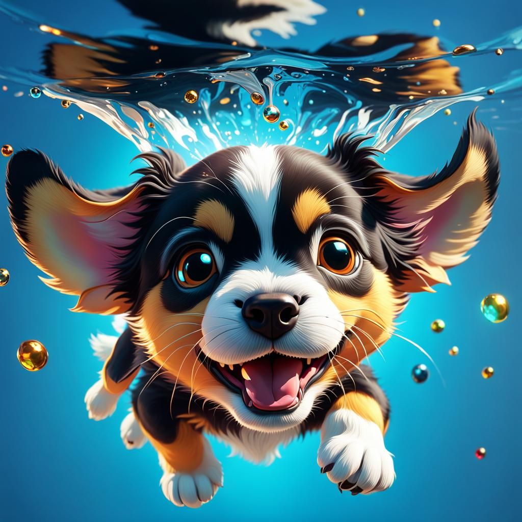 Upside-Down Smiling Puppy in Hyperrealistic Splash Art