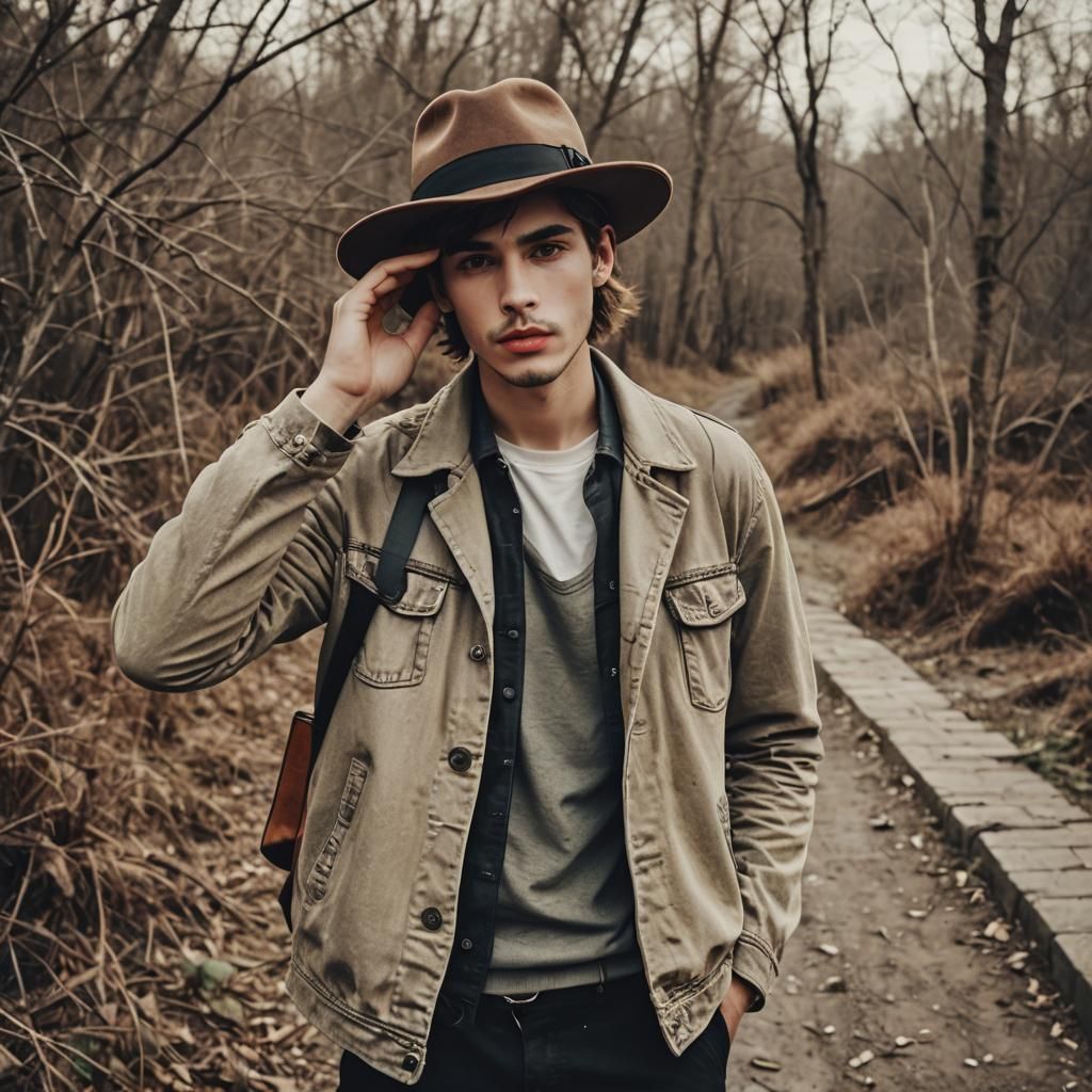 Grunge Style Man with Hat in Dreamy Scene