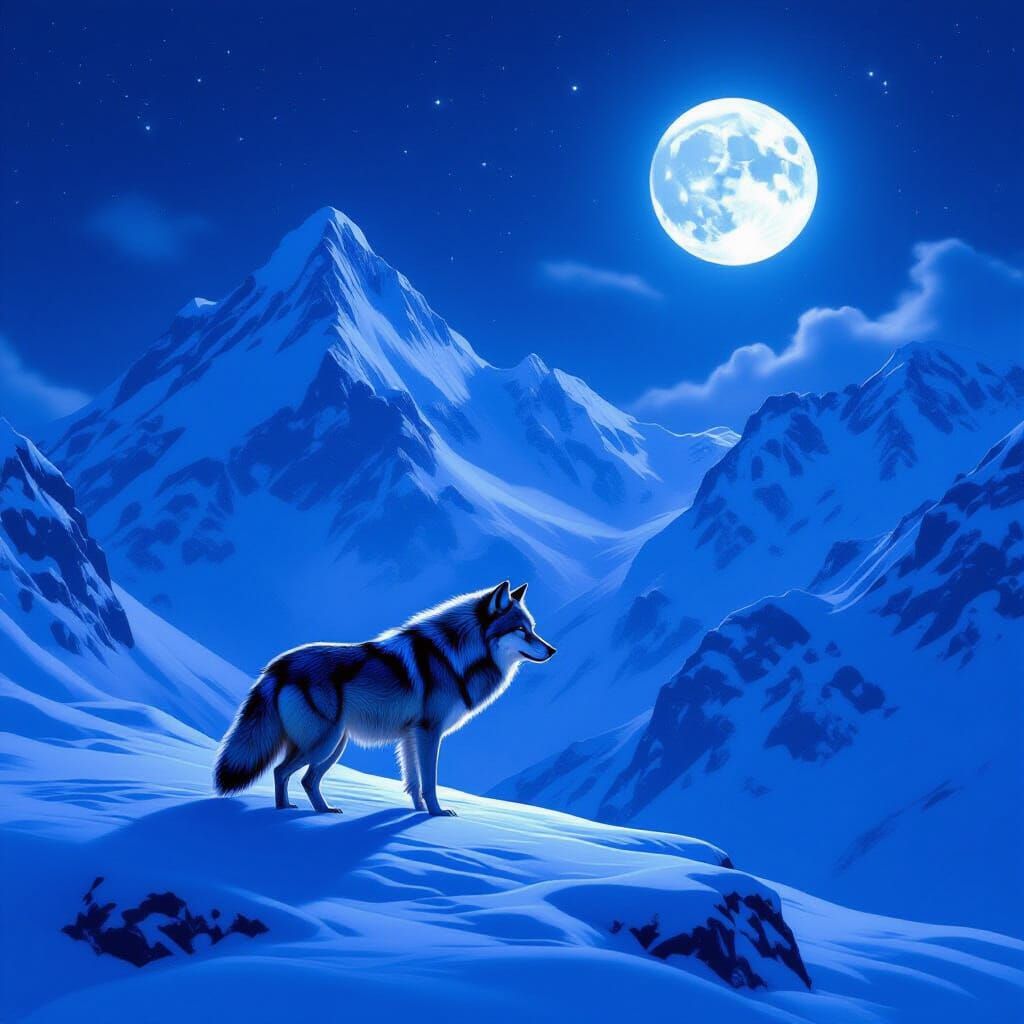 Lone Wolf Under Full Moon in Bioluminescent Frost