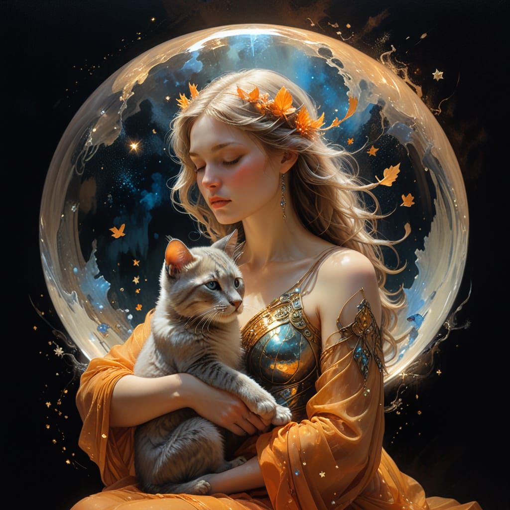 Ethereal Woman with Panther Cub in Digital Art Nouveau