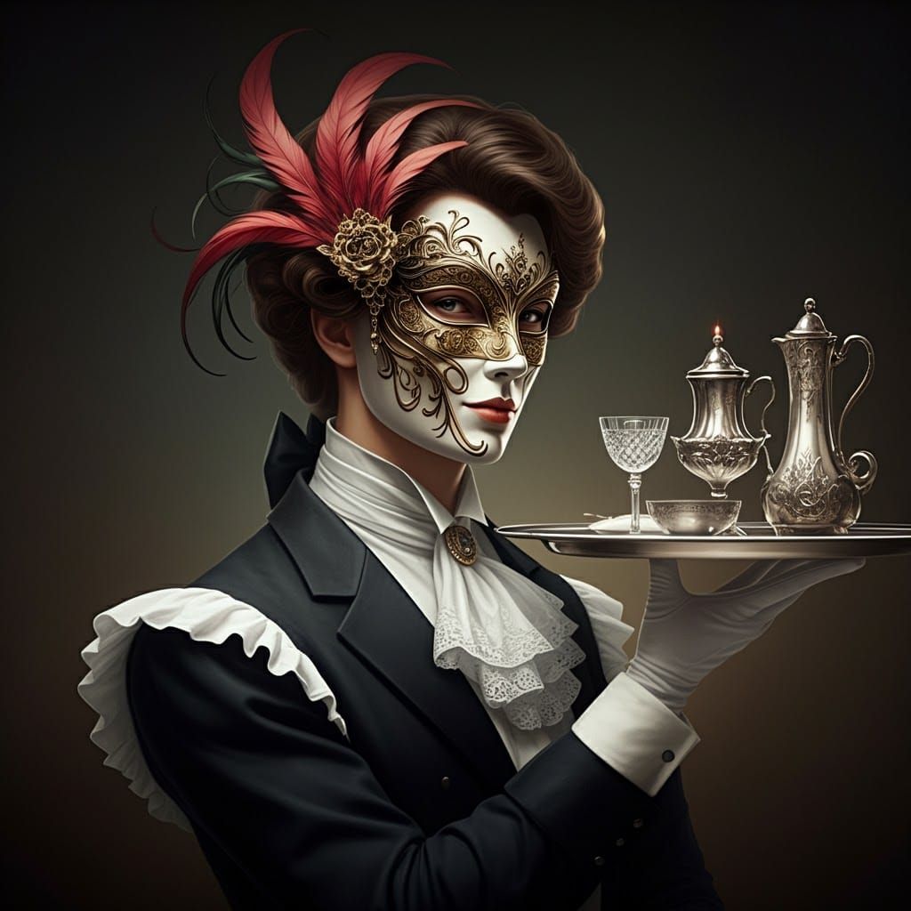 Elegant Servant in Masquerade Mask: Art Nouveau Portrait