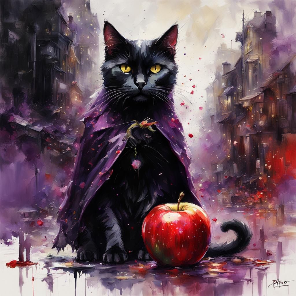Evil Cat Portrait Holding a Red Apple