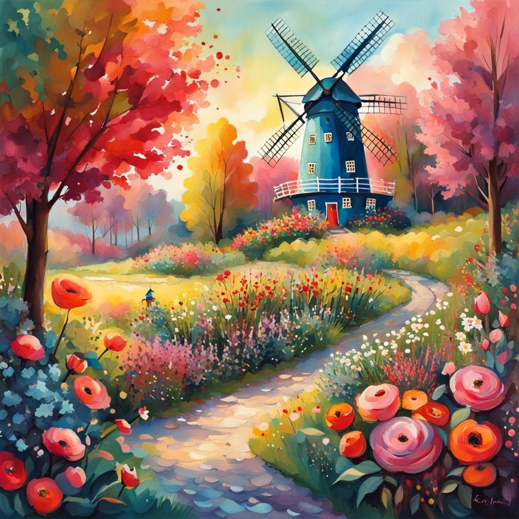 Charming Floral Windmill Party Illustration