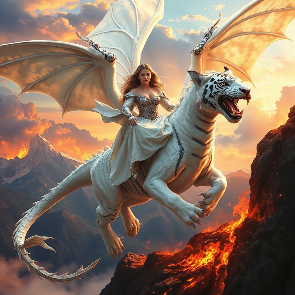 White Tiger Dragon Soaring Above Fiery Mountains