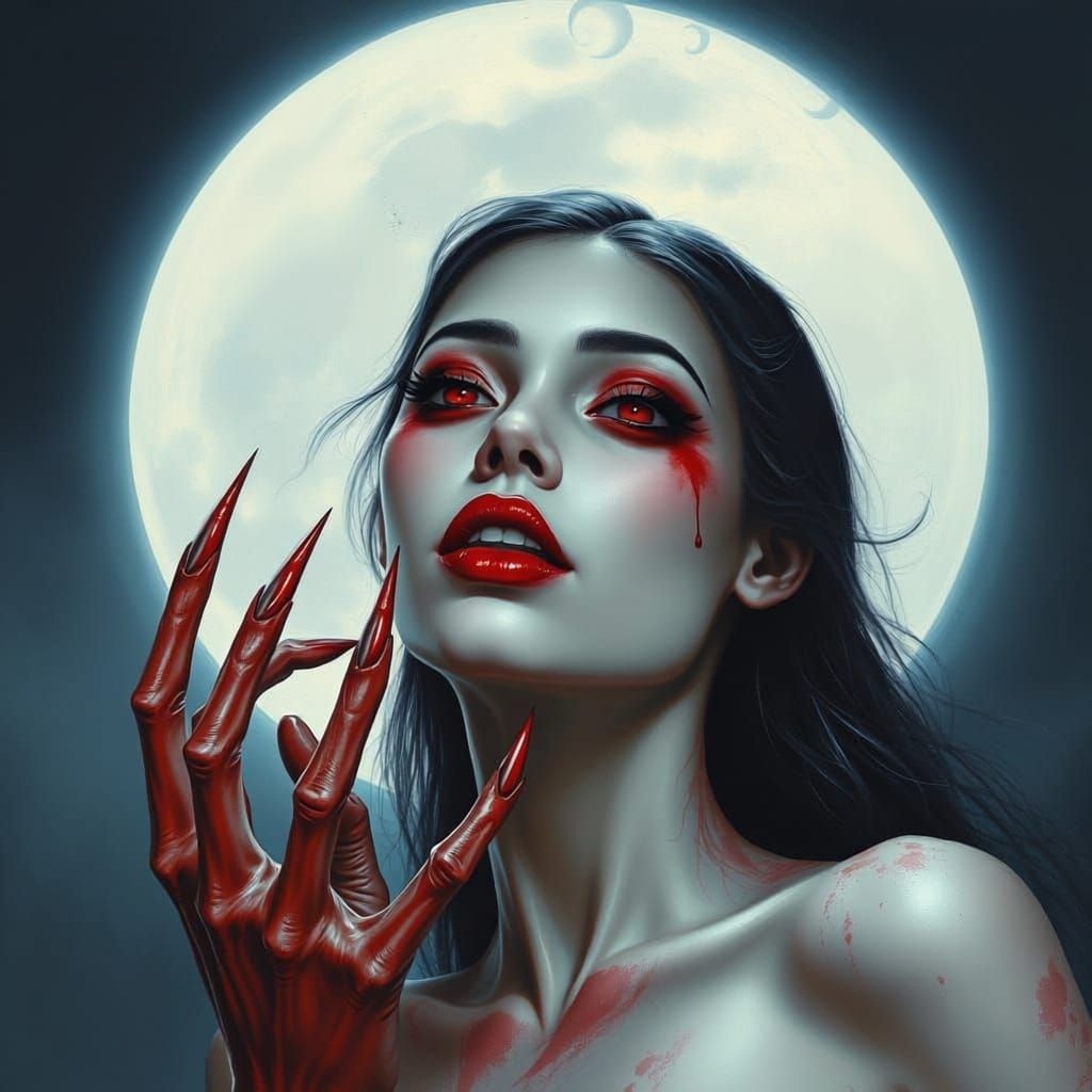 Surreal Painting: Asian Woman with Bat Wings and Claws