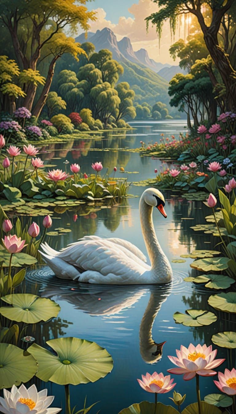 lake with swan, lotus around