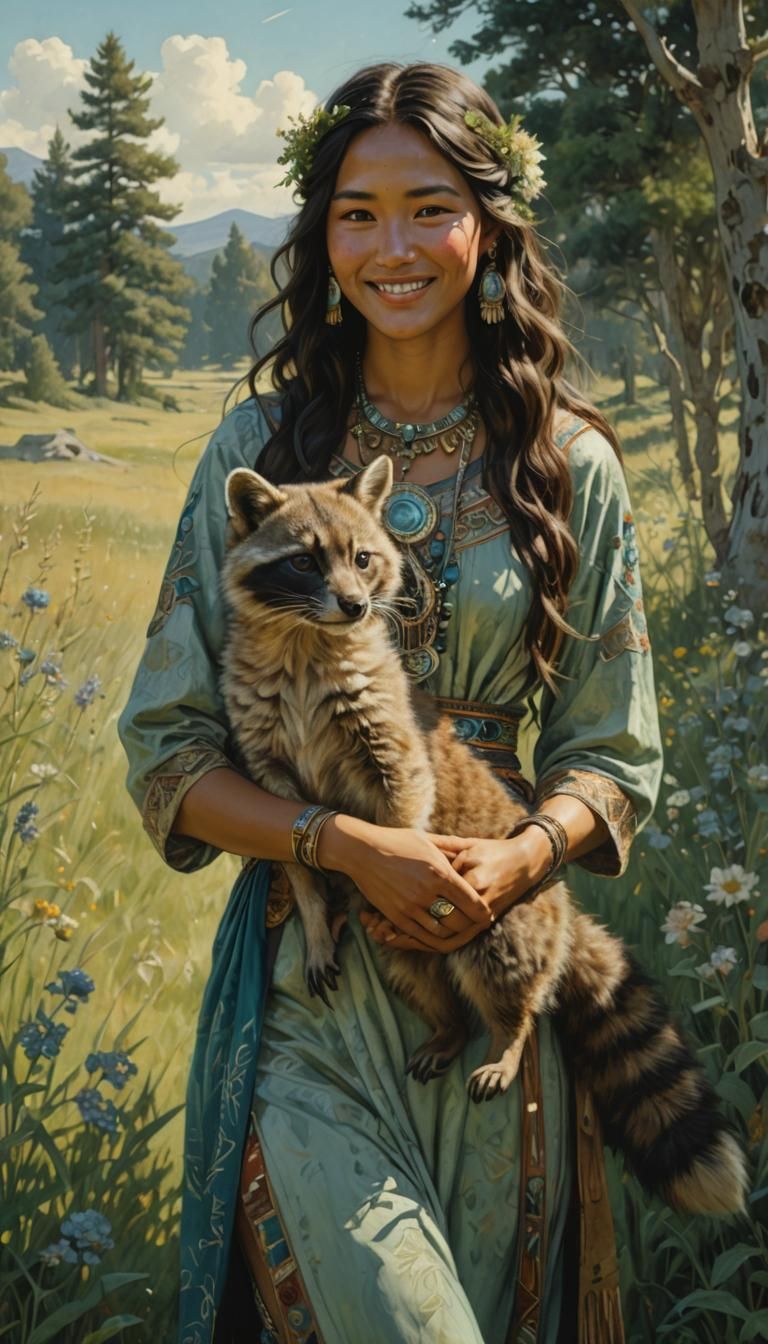 Native American Woman with Raccoon in Art Nouveau Style