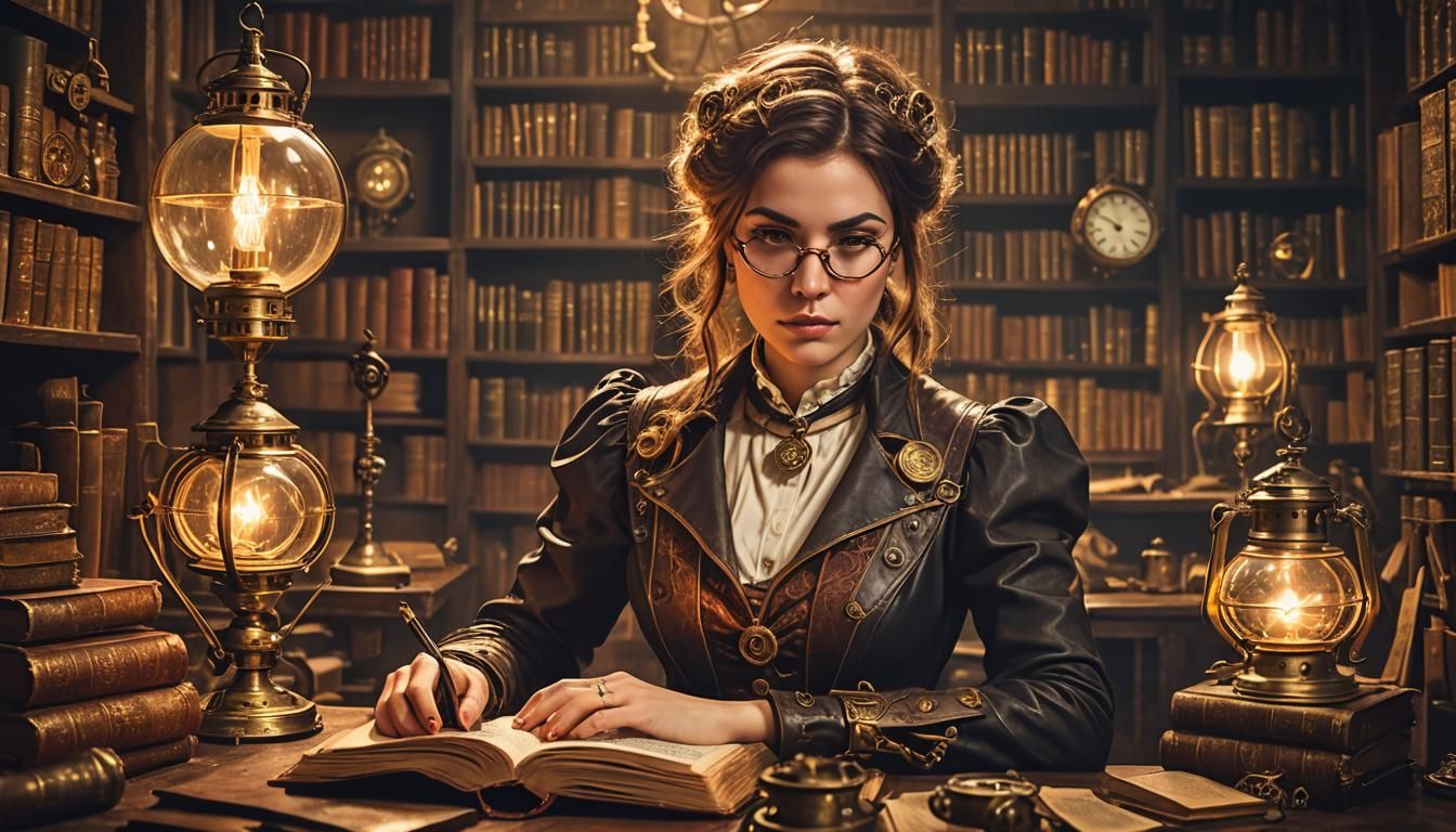 Steampunk Librarian Studies Magic Book in Clockpunk Portrait