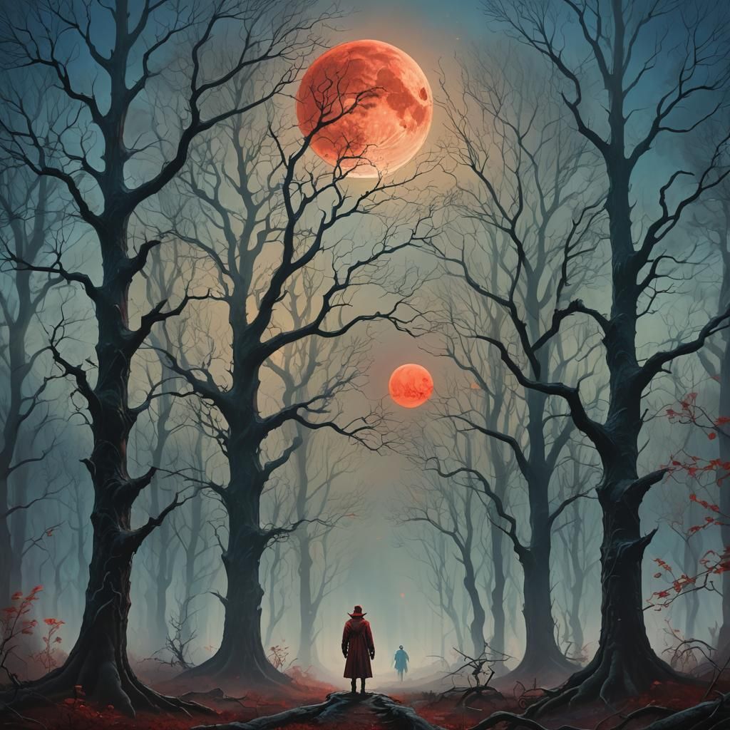Mysterious Figure in Misty Forest at Moonset