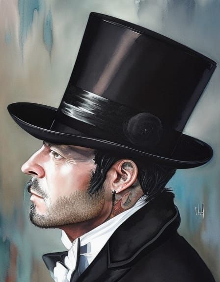 Intricate Black Ink Top Hat: Gouache Painting