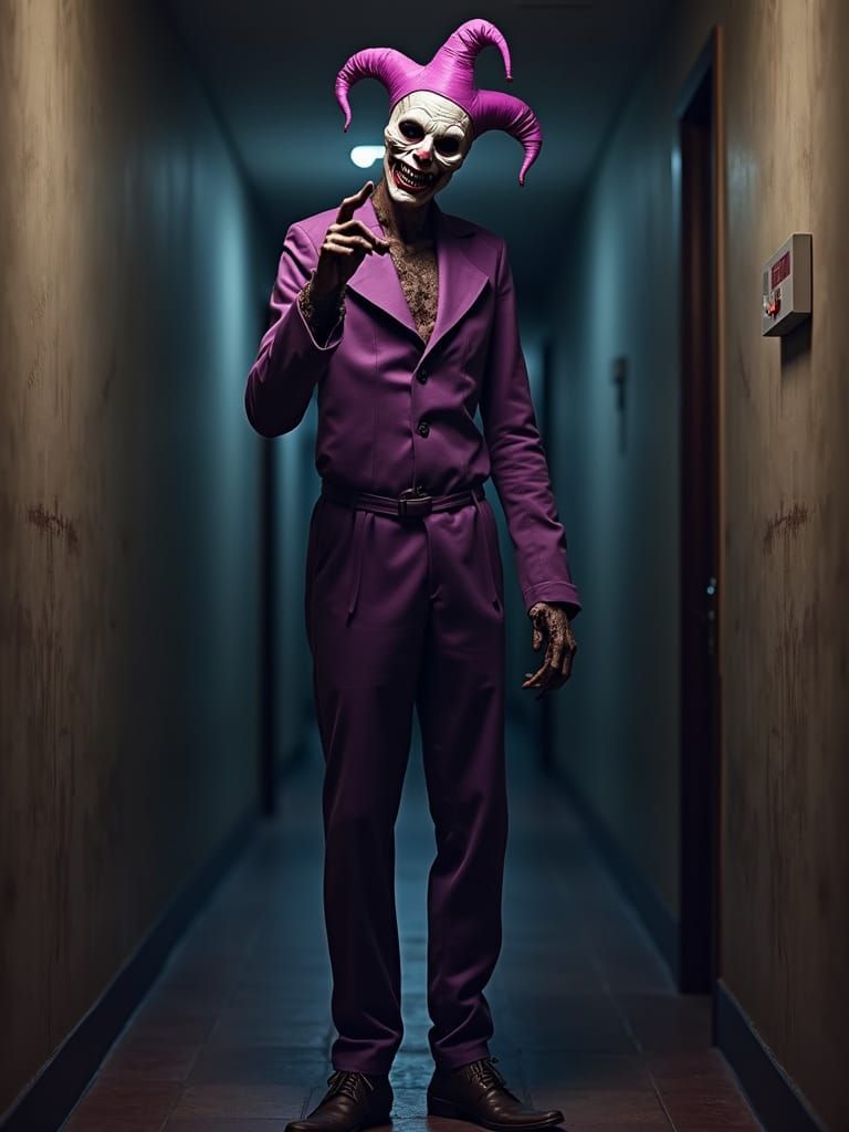 Zombie Harlequin Beckons from Dark Hallway