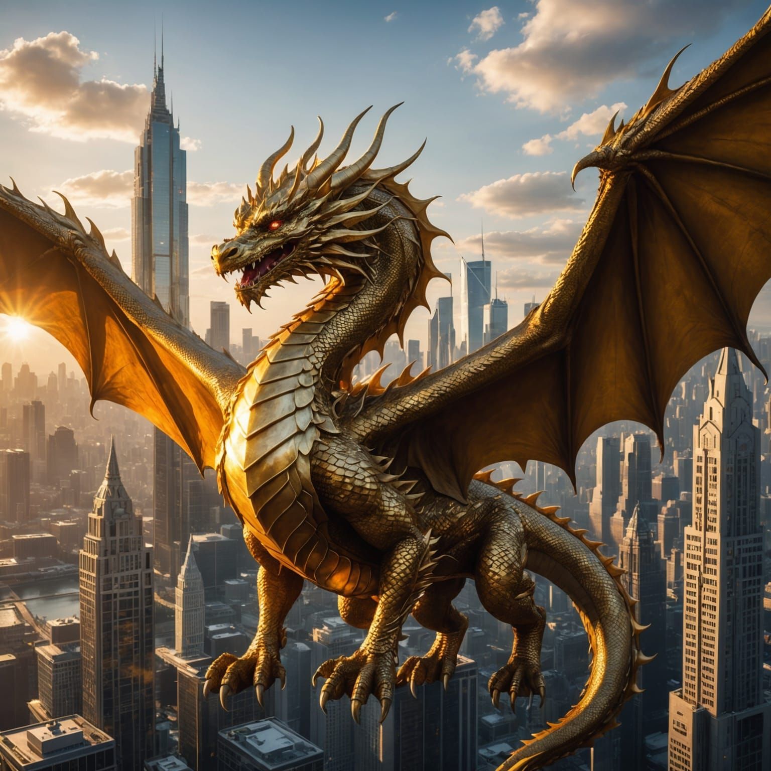 Golden Dragon Ascends Above City Skyscrapers