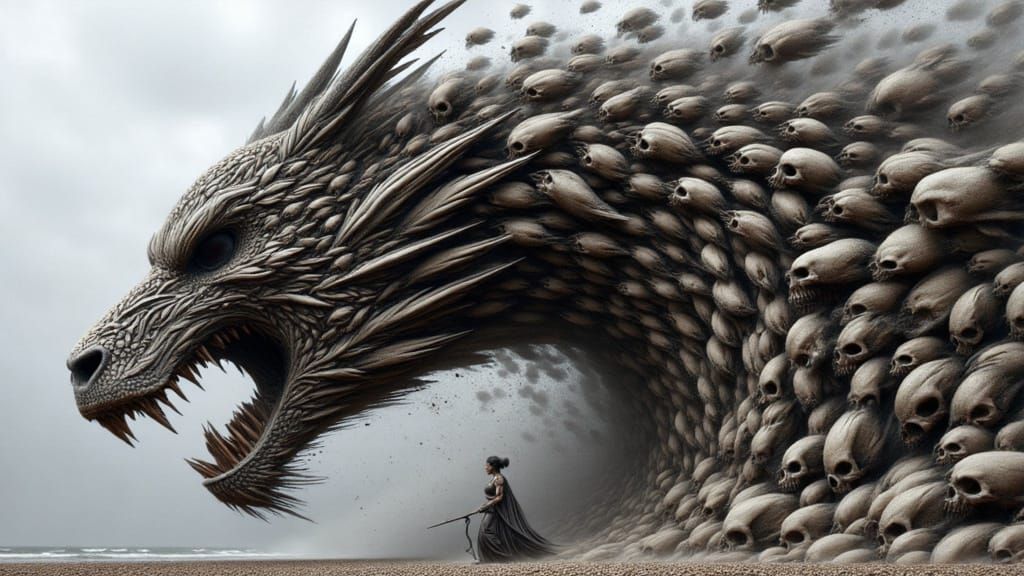 Surreal Dragon Sculpture Made of Skulls in a Dark Gothic Sty...