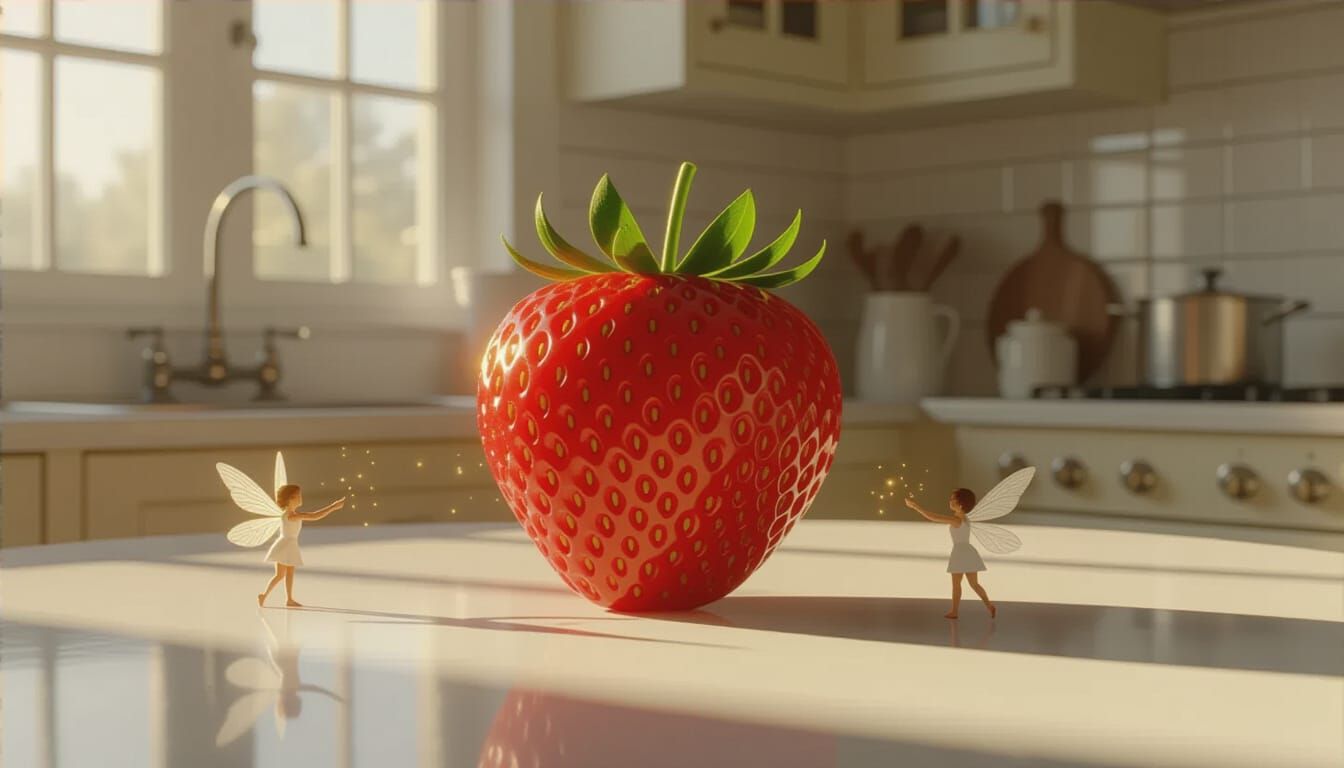 Giant Strawberry with Fairies in Realistic Kitchen