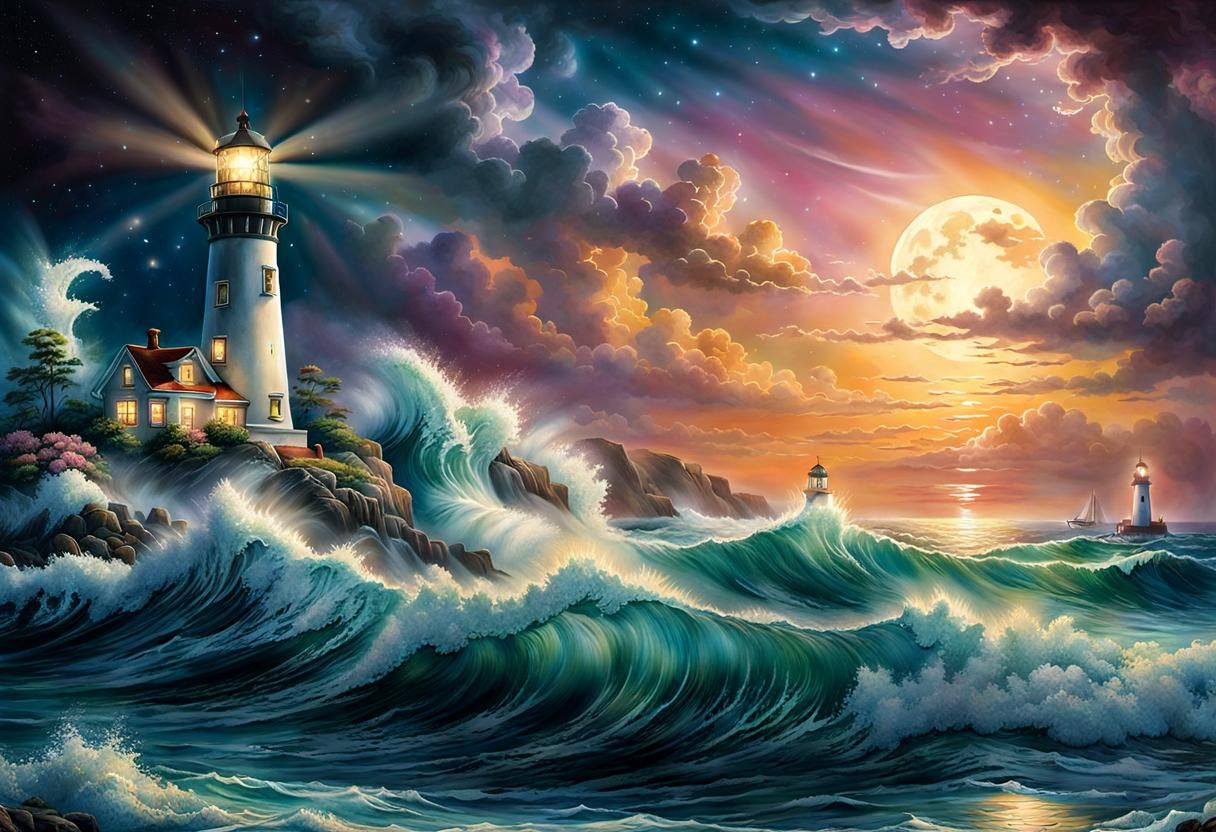 Moonlit Lighthouse Watercolor Illustration in Flowery Pastel...