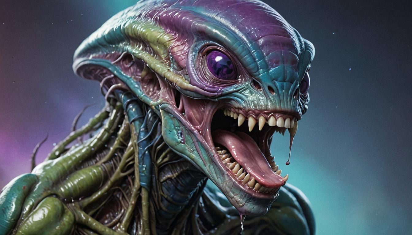 Hyperrealistic Alien Portrait Spitting Saliva: Digital Art