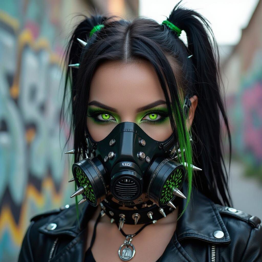Cyber Goth Woman in Rave Scene with Graffiti Art