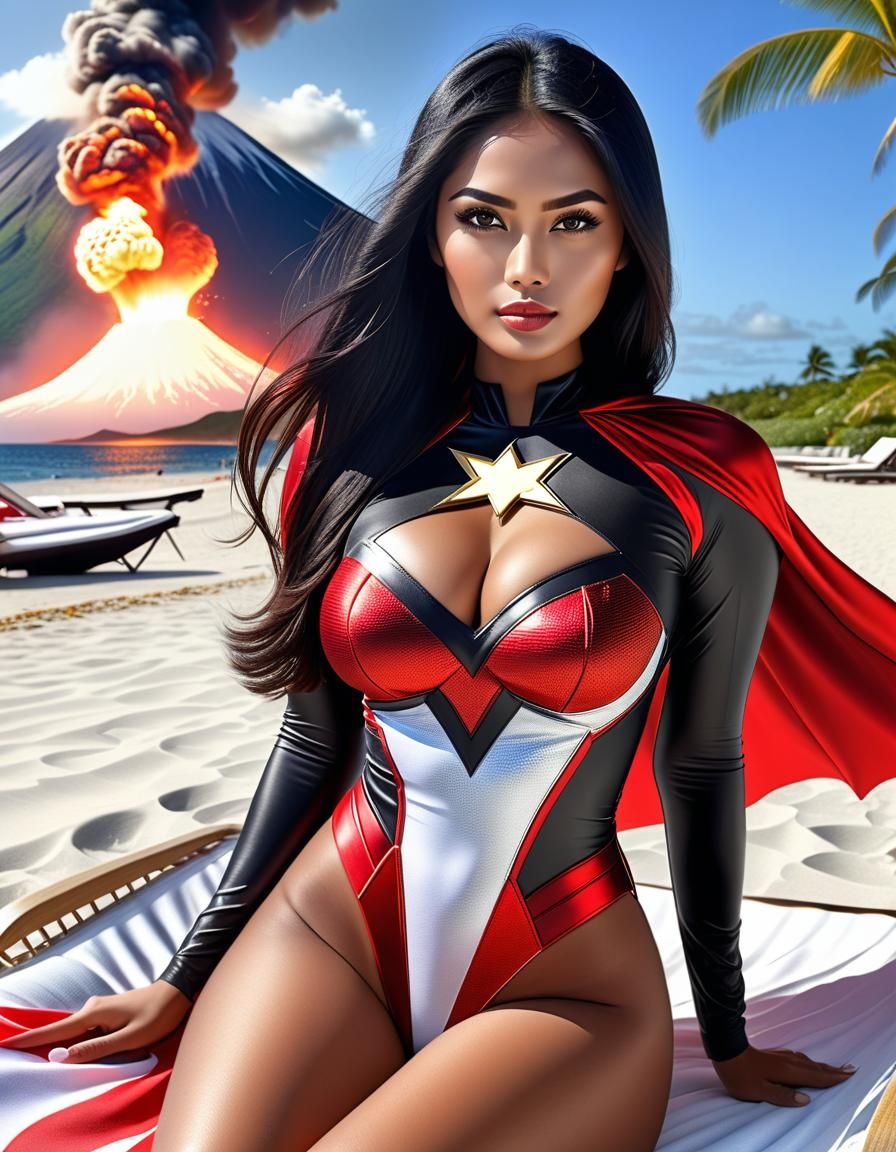 Indonesian Superhero Lounging on Tropical Beach with Volcano
