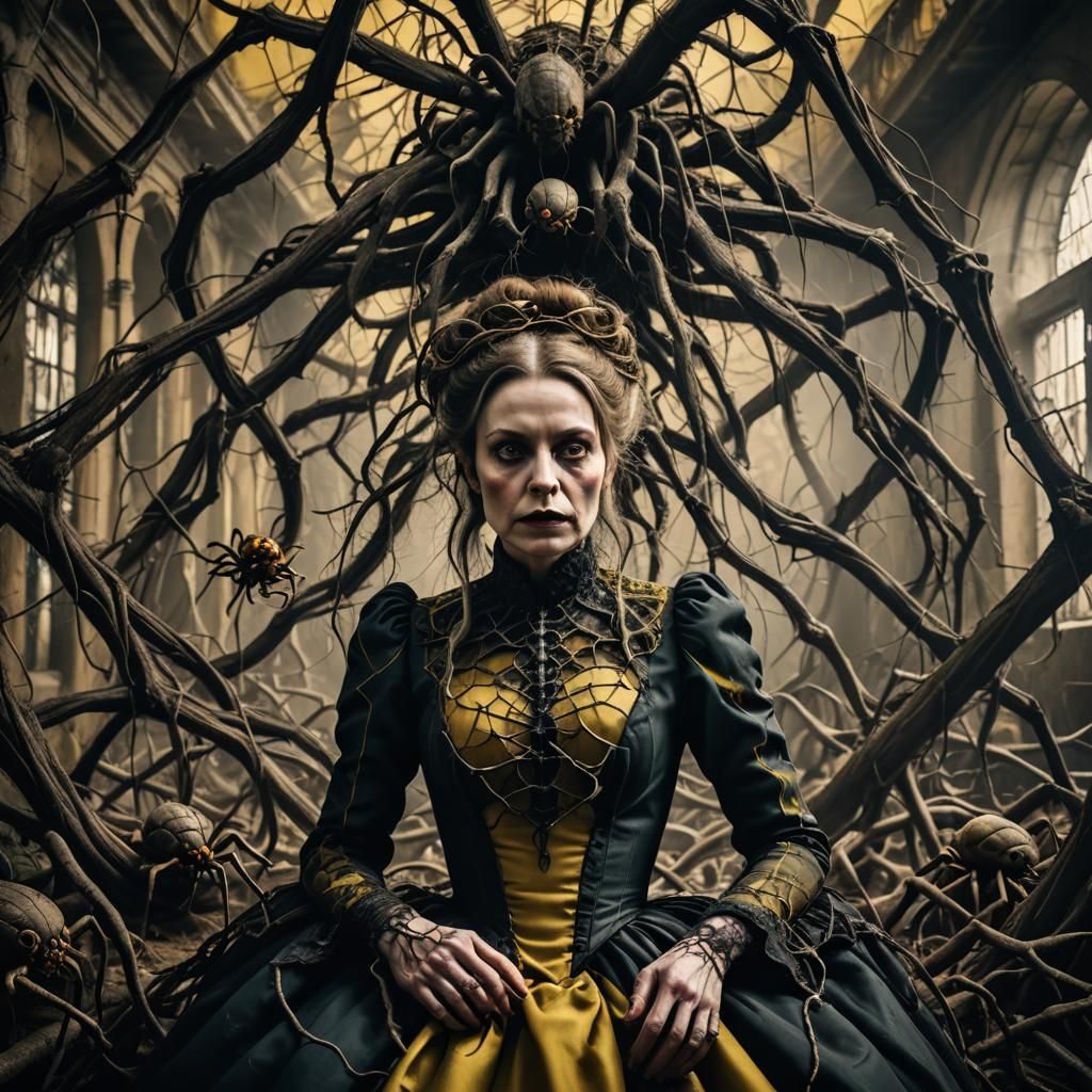 Surreal Victorian Woman Surrounded by Spiders