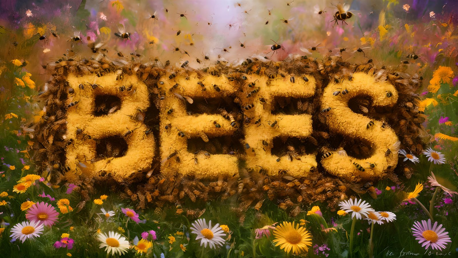 Buzzing Beauty: The Whimsical Word 'BEES' Crafted by a Honey...