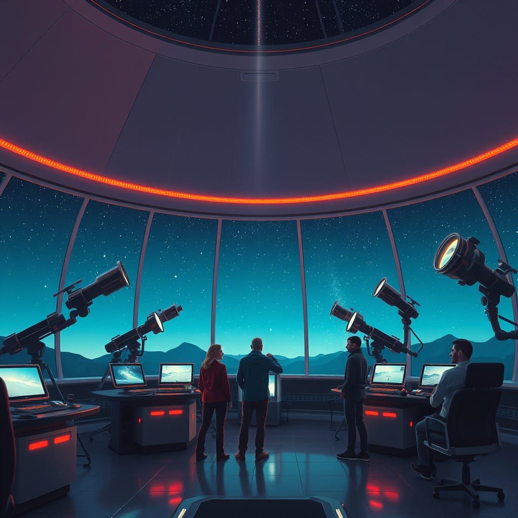 Futuristic Observatory With Astronomers, in Sci-Fi Style