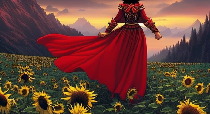 Ukrainian Girl Dancing in Sunflower Field, Comic Art