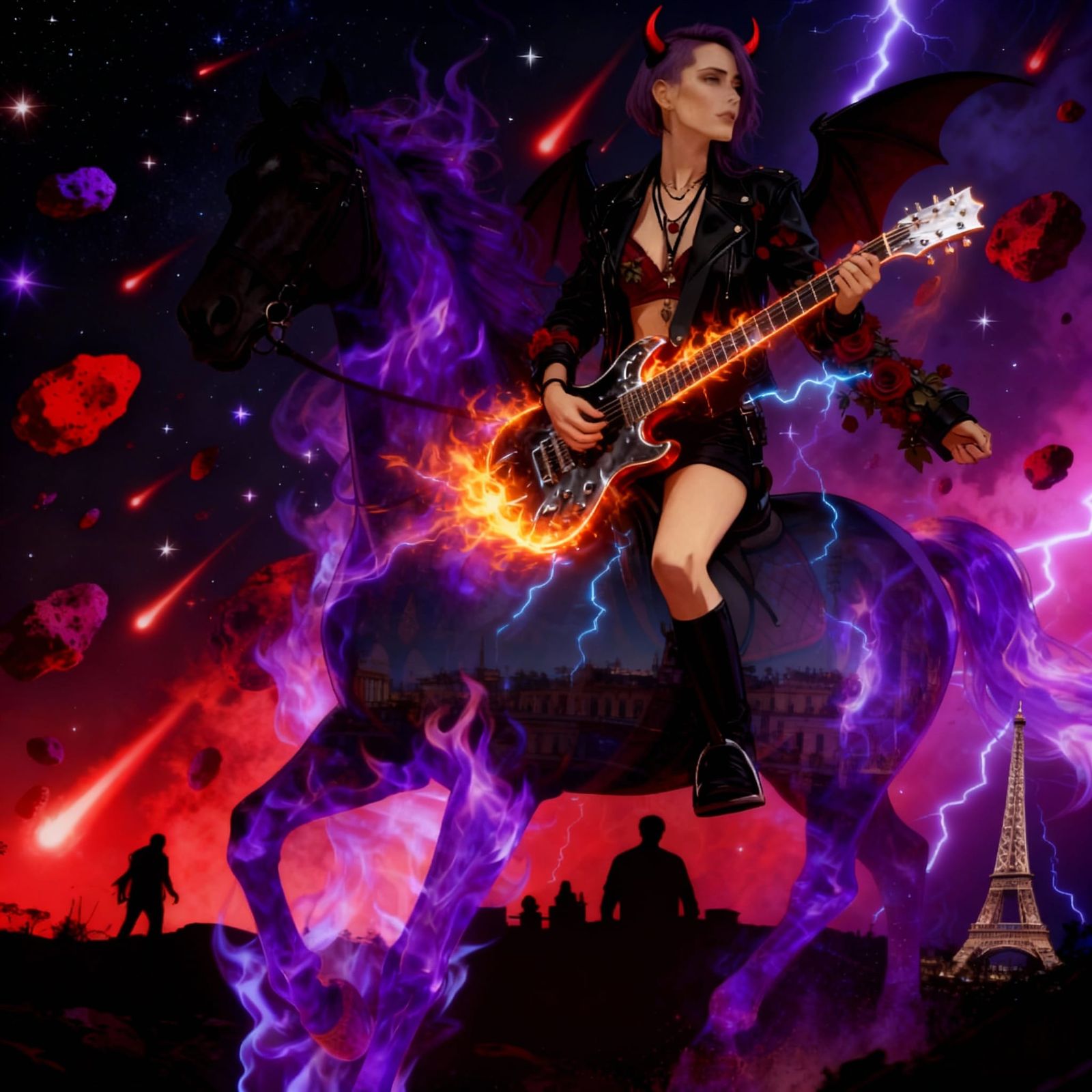 Fiery Metal Guitarist with Devil Wings and Horse Accents