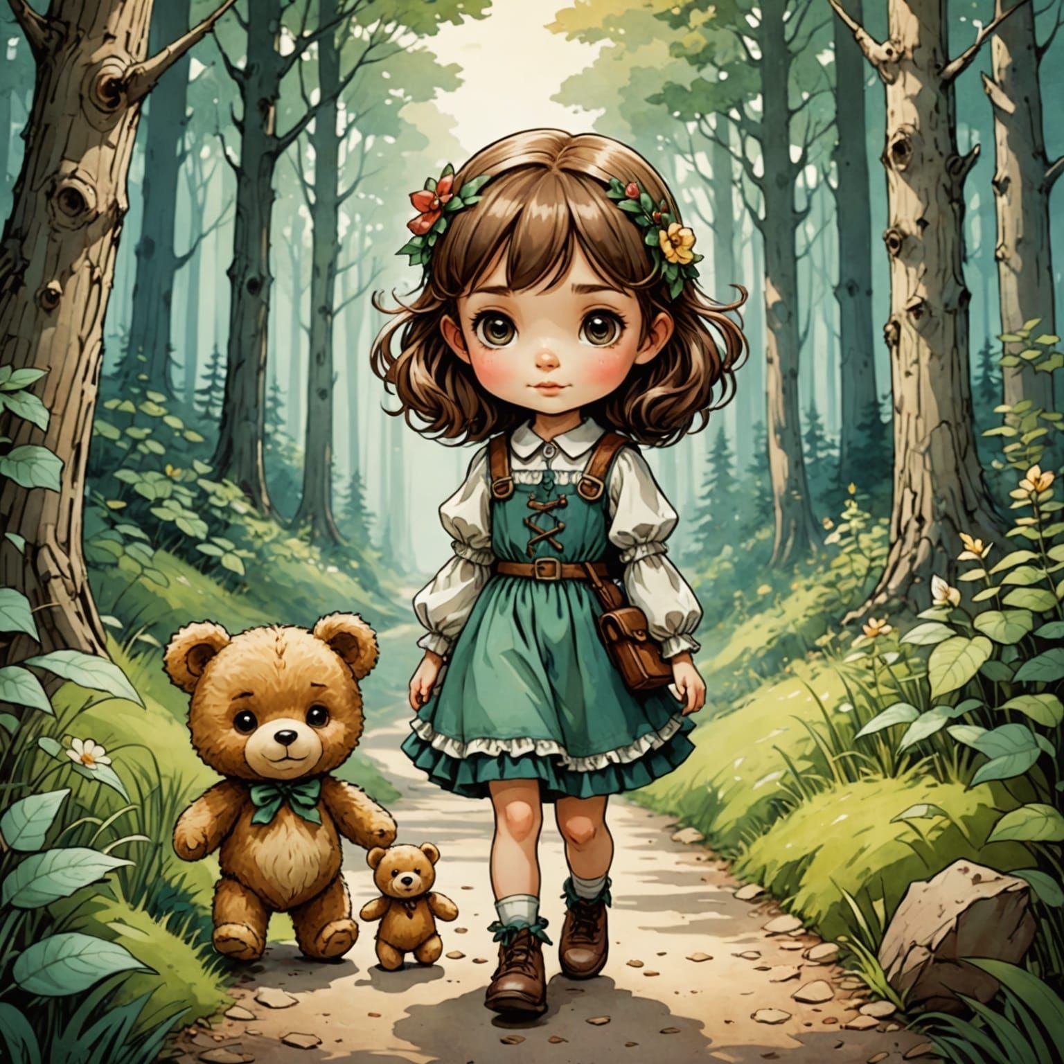 Chibi Girl and Teddy Bear in Fairy Tale Forest