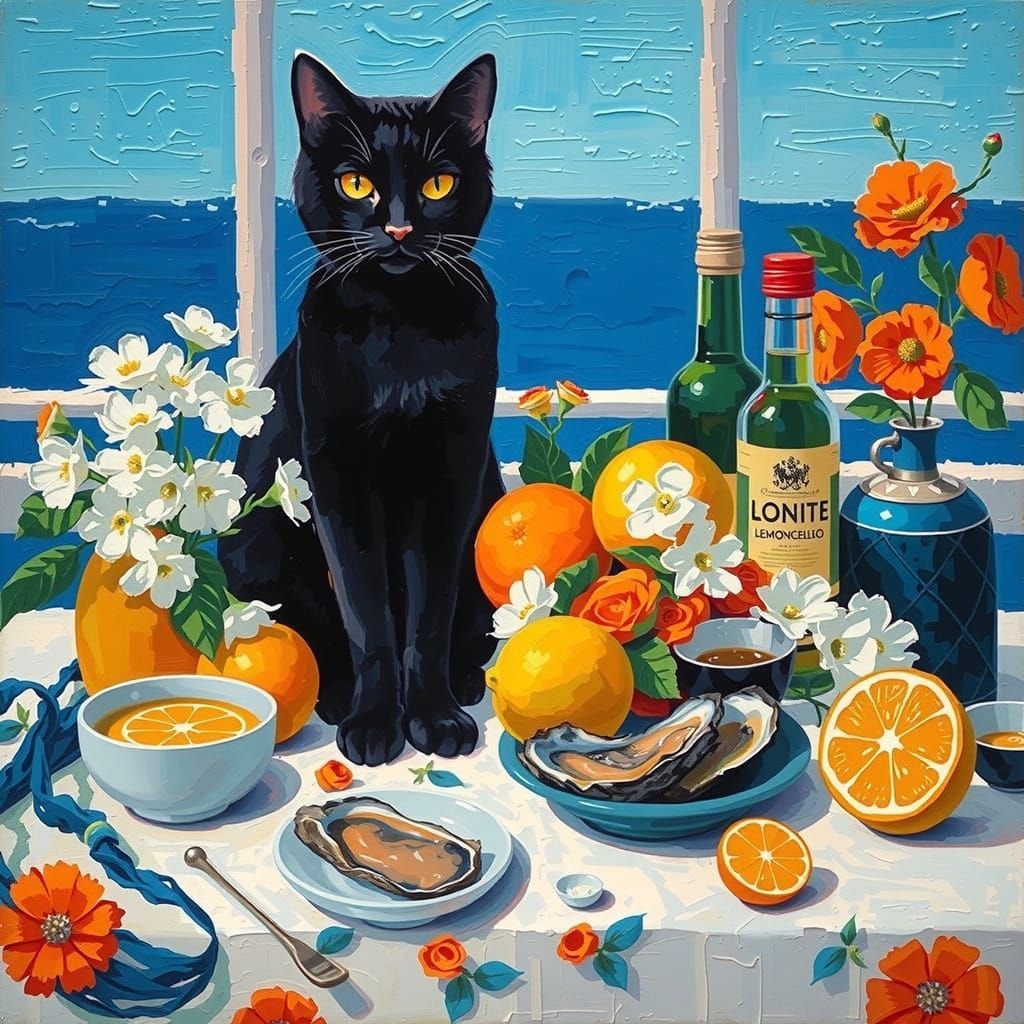 Black Cat and Still Life in Decorative Impasto Style