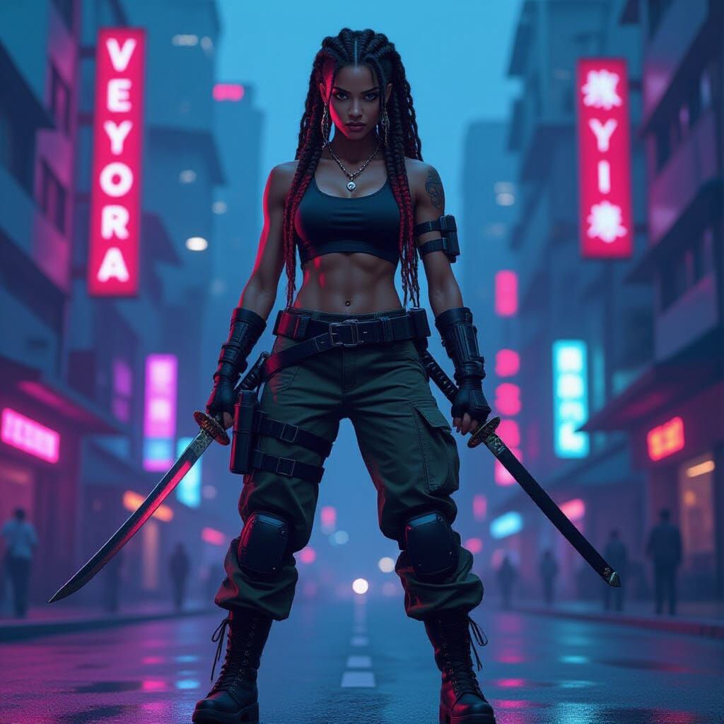 Cyberpunk Warrior in Neon Veylora City
