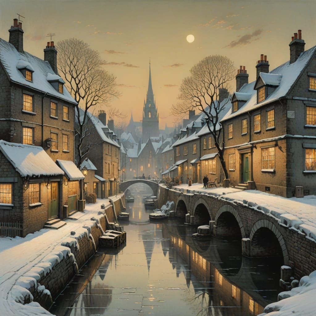 Winter Village Scene in Whimsical Watercolour